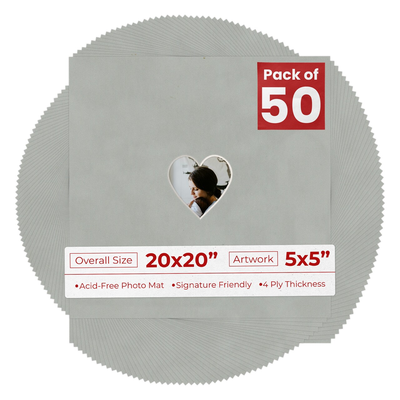 Light Grey Suede Mat Board for 20x20 Frames - Heart Opening for 5x5 Photos